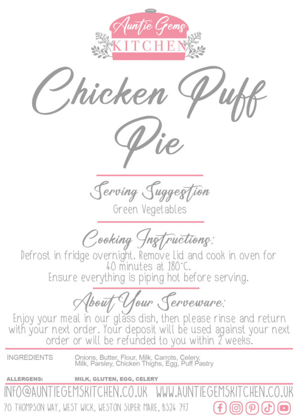 a label describing the cooking instructions and ingredients for auntie gems chicken puff pie