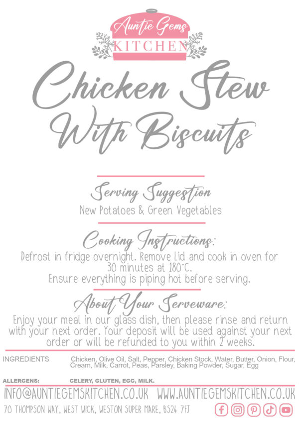 a label describing the cooking instructions and ingredients for auntie gems chicken stew with biscuits