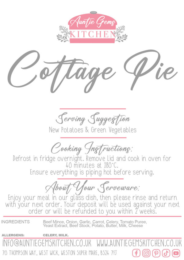 a label describing the cooking instructions and ingredients for auntie gems cottage pie