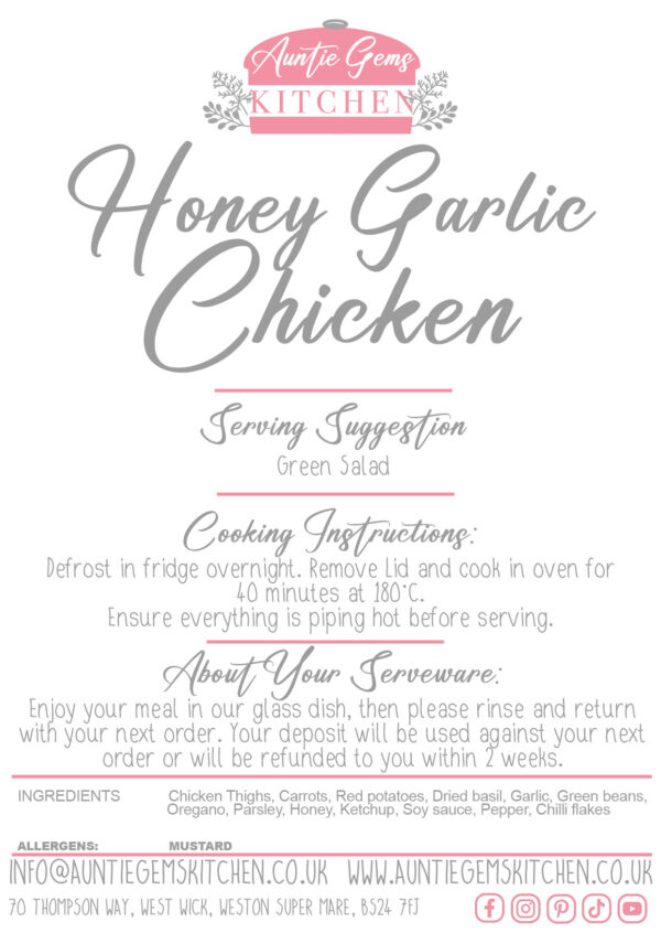 a label describing the cooking instructions and ingredients for auntie gems honey garlic chicken