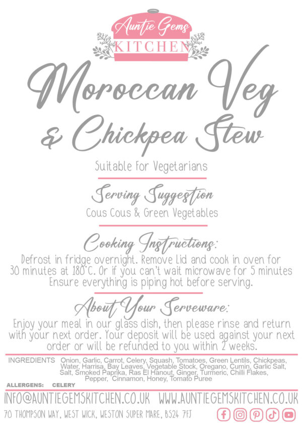 a label describing the cooking instructions and ingredients for auntie gems morrocan veg stew