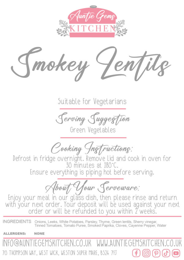 a label describing the cooking instructions and ingredients for auntie gems smokey lentils