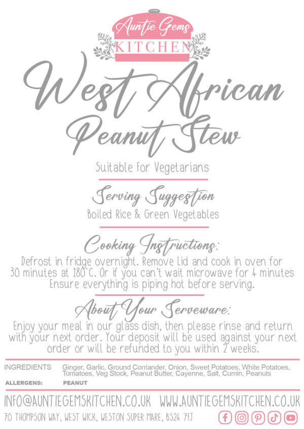 a label describing the cooking instructions and ingredients for auntie gems African peanut stew