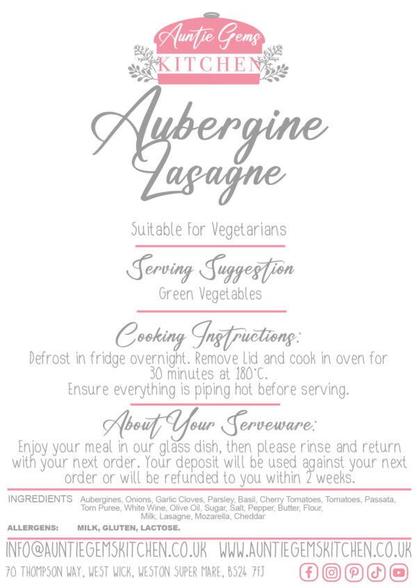 a label describing the cooking instructions and ingredients for auntie gems aubergine lasagne