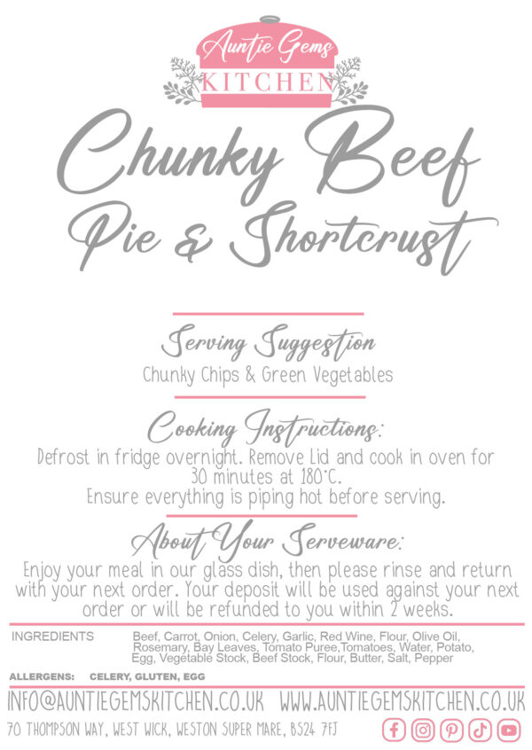 a label describing the cooking instructions and ingredients for auntie gems beef pie