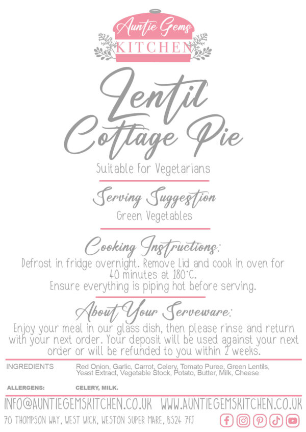 a label describing the cooking instructions and ingredients for auntie gems lentil cottage pie