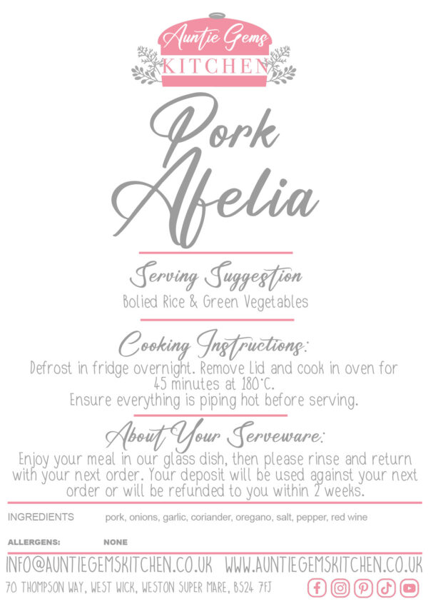 a label describing the cooking instructions and ingredients for auntie gems pork afelia